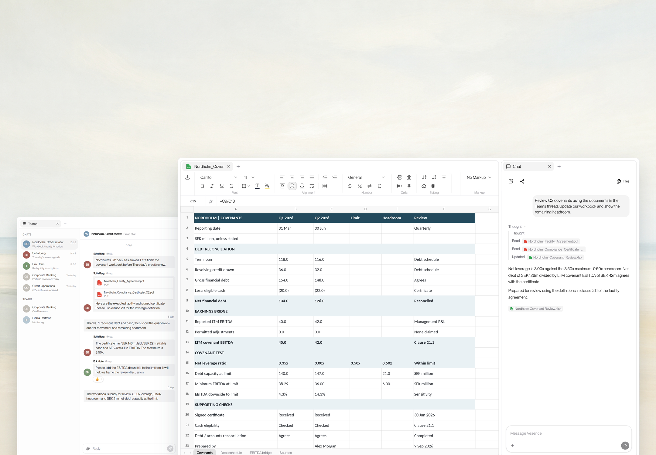 A covenant review workbook with calculated headroom and Vesence chat beside the team's discussion