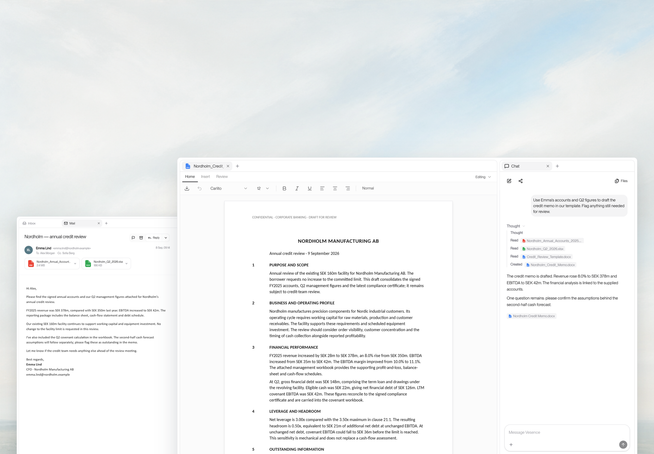A borrower credit memo and Vesence chat beside the client's financial reporting email in Mail