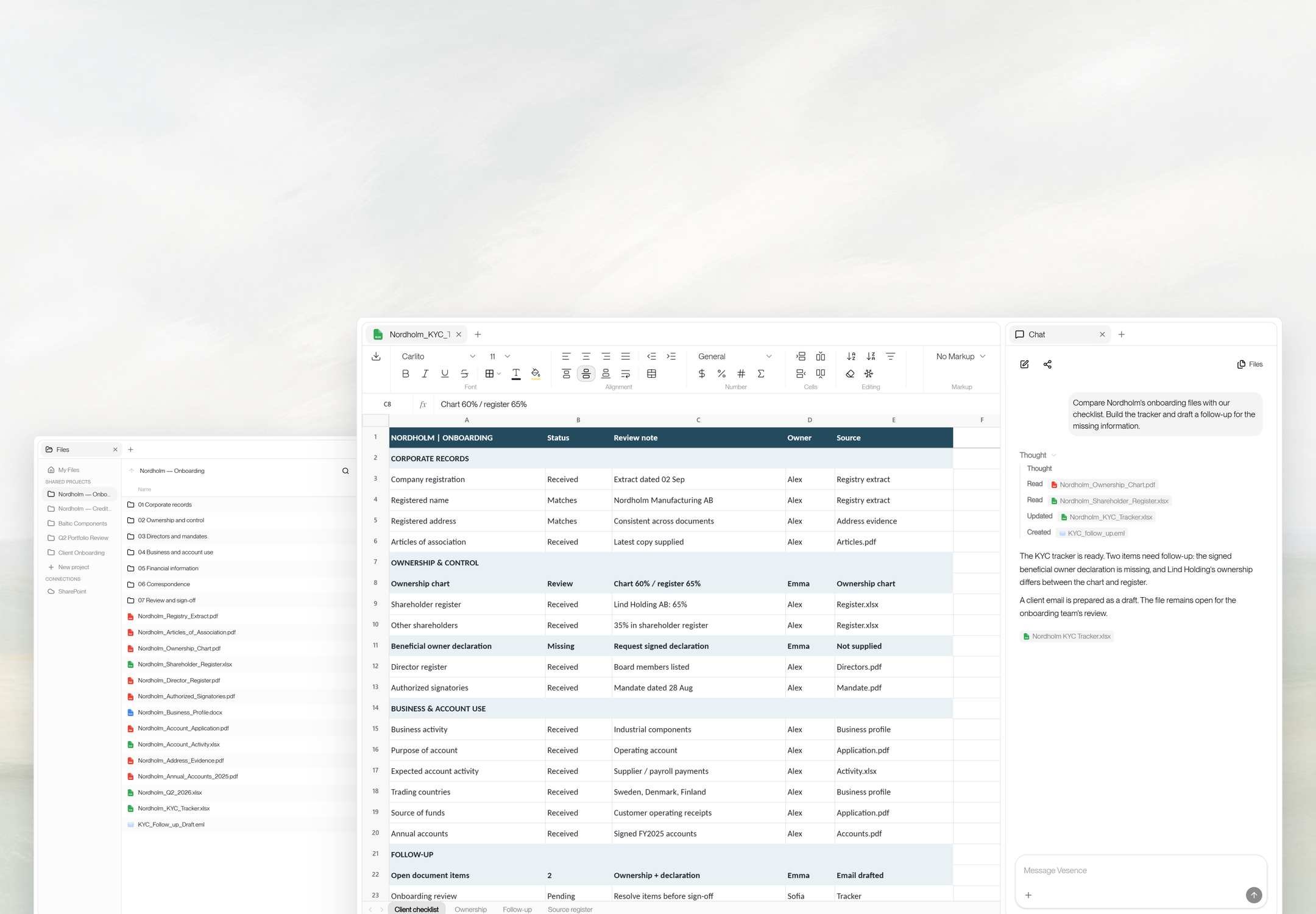 An onboarding checklist and missing-information tracker beside the client's organized KYC files